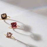 Connecticut Coast Morganite Ring with 14k gold band and cushion cut peach morganite stone.