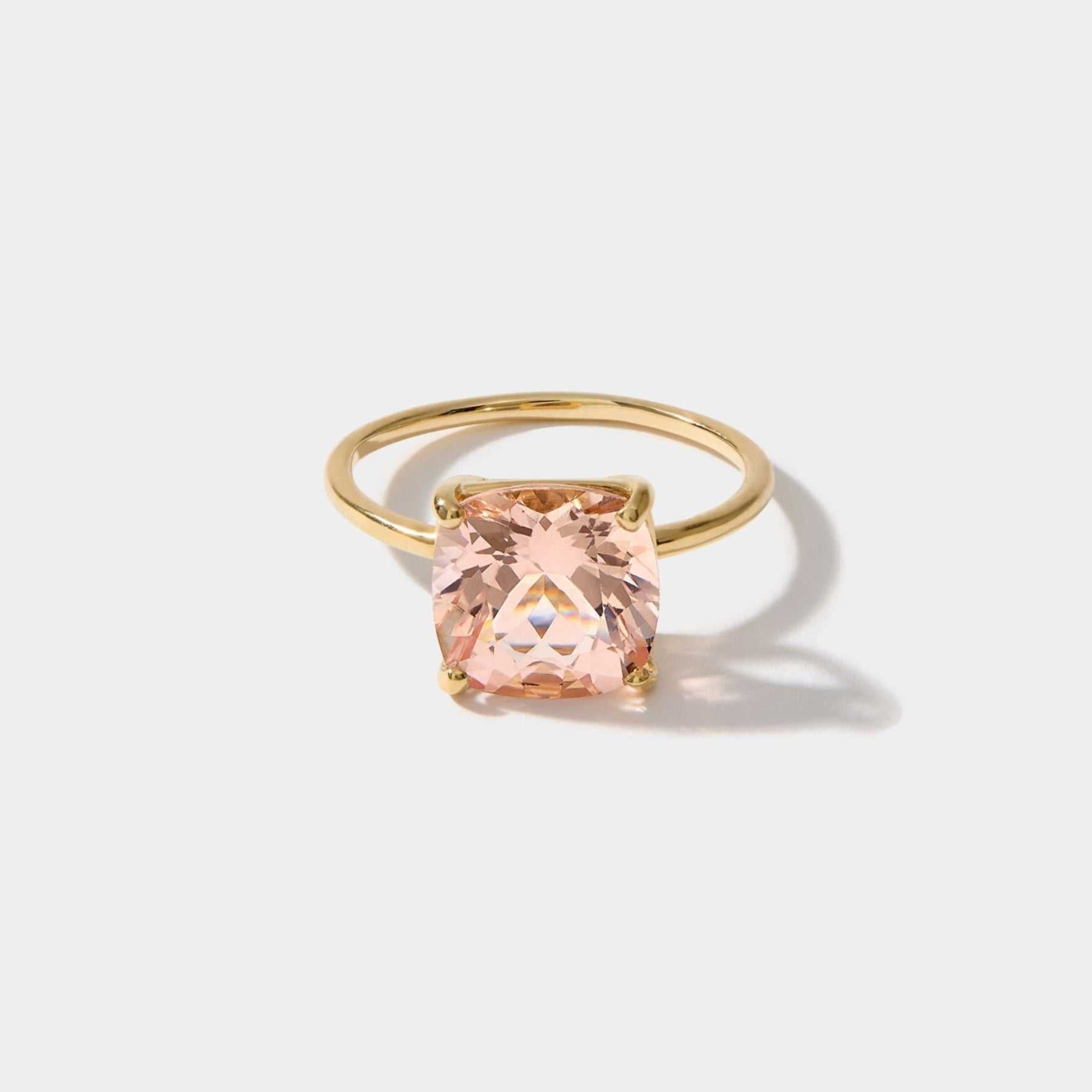 14k gold ring with 10x10mm cushion cut peach morganite stone, inspired by Connecticut coast style