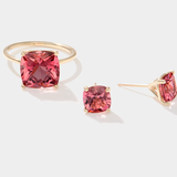 Nantucket Red Ring featuring a cushion-cut pink tourmaline set in 14k solid gold with matching pink tourmaline stud earrings