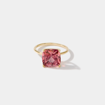 14k gold ring with cushion-cut Nantucket Red pink tourmaline gemstone on white background