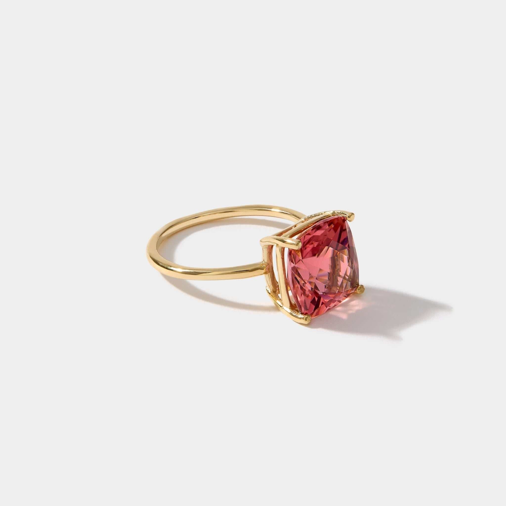 Nantucket Red Ring featuring cushion-cut pink tourmaline set in 14k gold, inspired by Nantucket's coastal charm.
