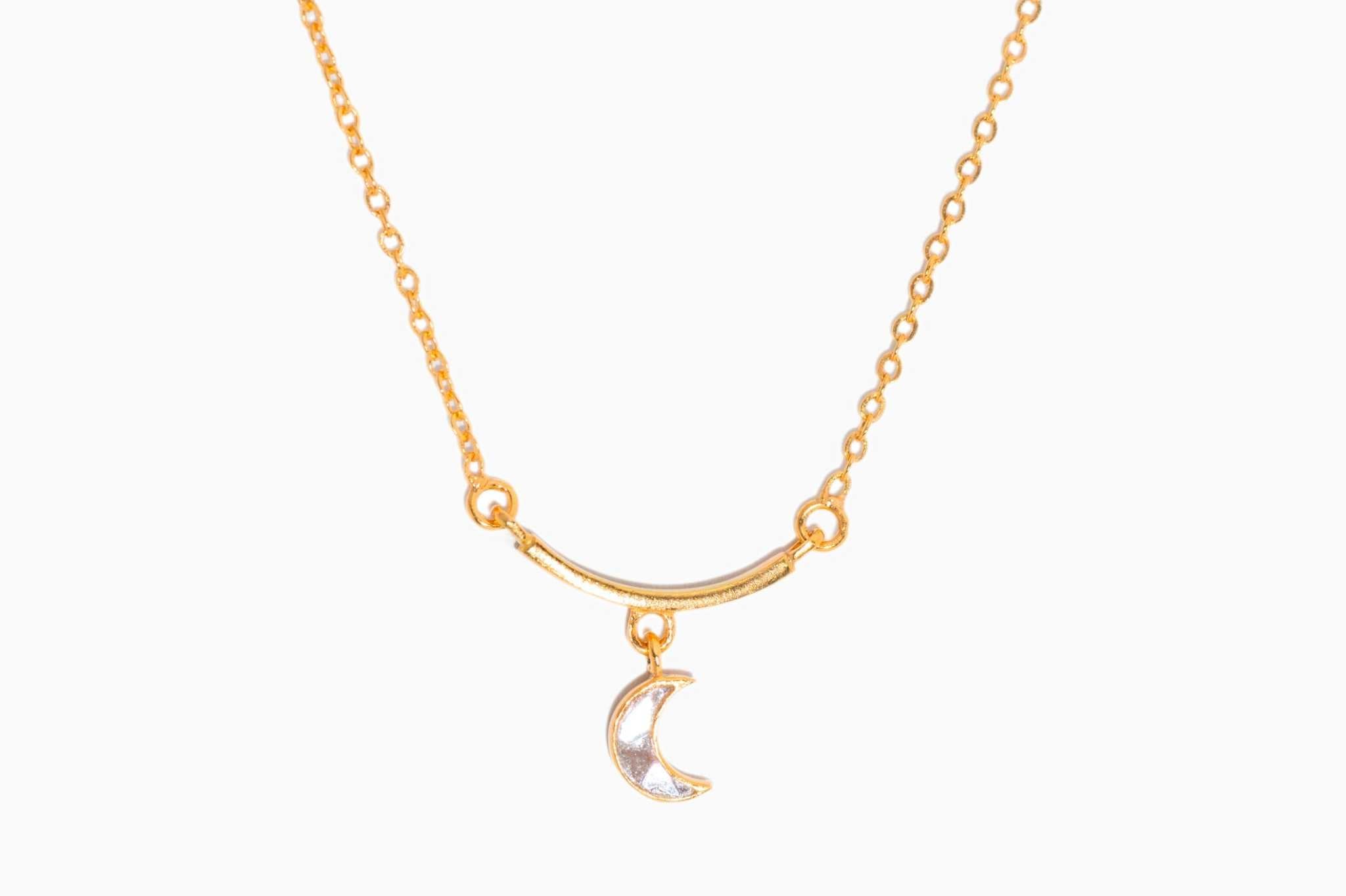 Neoma Gold Vermeil Pendant necklace with crescent moon charm and raw uncut diamonds on gold chain