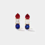 Americana Signature Hoop Earrings with pear-shaped ruby, cushion-cut diamond, oval sapphire in 14k gold, patriotic red white and blue design.