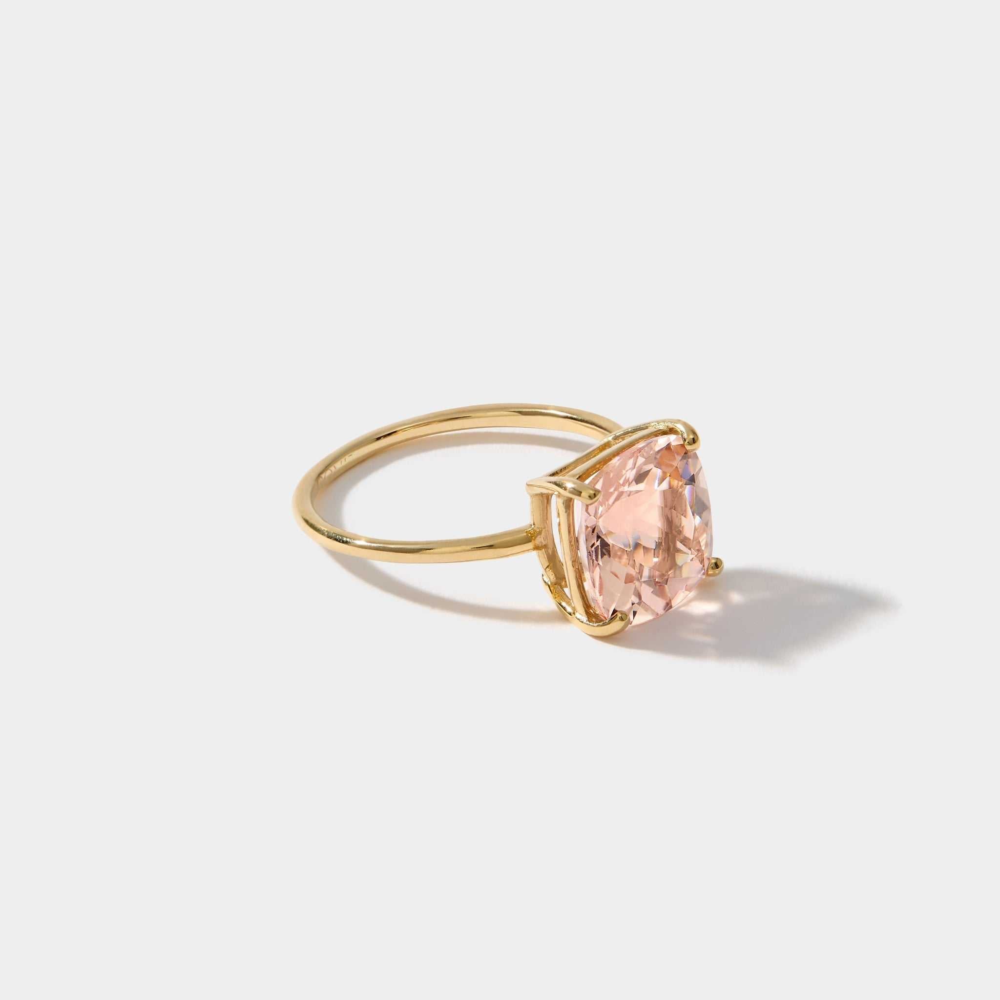 Connecticut Coast Morganite Ring featuring 14k gold band and 10x10mm cushion cut peach morganite gemstone