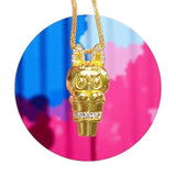 24K gold Labubu-inspired pendant with devilish bunny ears and sparkling moissanite stones on a gold chain
