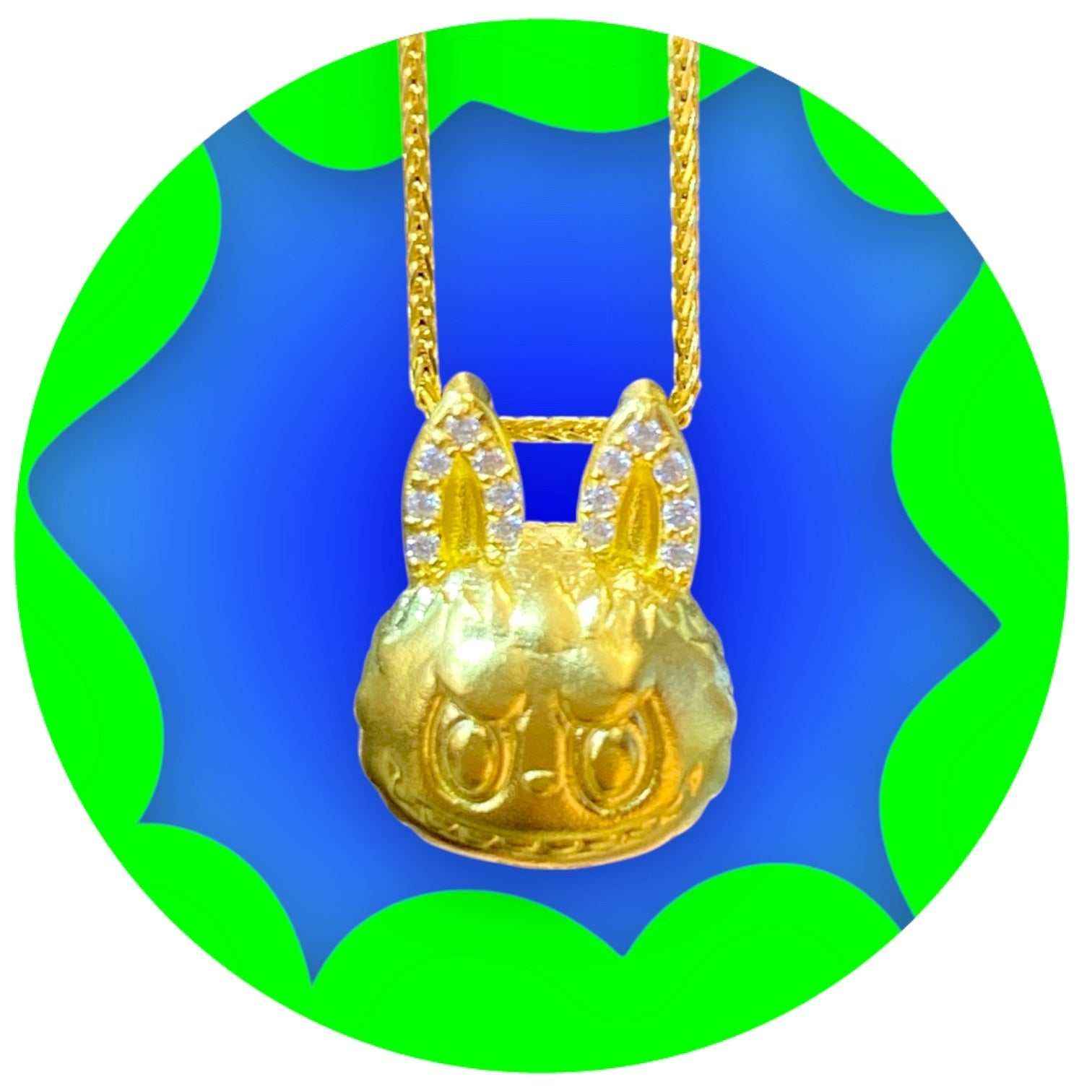 24K gold Labubu-inspired doll-head pendant with sparkling moissanite on gold chain