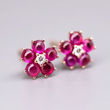 Plum Blossom Sakura Flower Ruby or Sapphire Diamond Stud Earrings in 18k Rose Gold