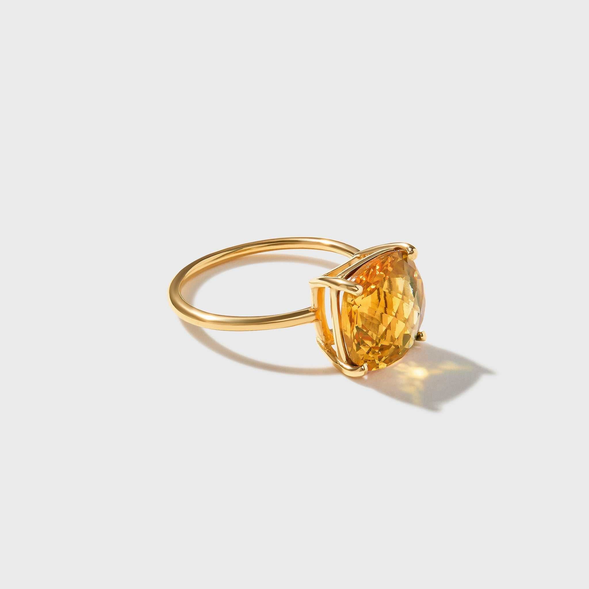 14k gold ring with 10x10mm cushion-cut Rhode Island Citrine gemstone in a polished bezel setting