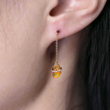 Diamond Ribbon Wrapped Fire Opal Ruby Drop Earrings in 18K Yellow Gold