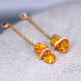 Diamond Ribbon Wrapped Fire Opal Ruby Drop Earrings in 18K Yellow Gold