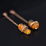 Diamond Ribbon Wrapped Fire Opal Ruby Drop Earrings in 18K Yellow Gold