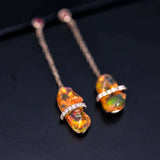 Diamond Ribbon Wrapped Fire Opal Ruby Drop Earrings in 18K Yellow Gold