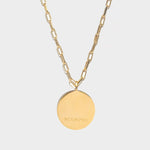 Scorpio Gold Vermeil Pendant necklace with 18k gold layer and sterling silver base, engraved disc pendant on chain.