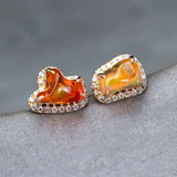 Two Colors Fire Opal Diamond Halo Stud Earrings in 18K Yellow Gold