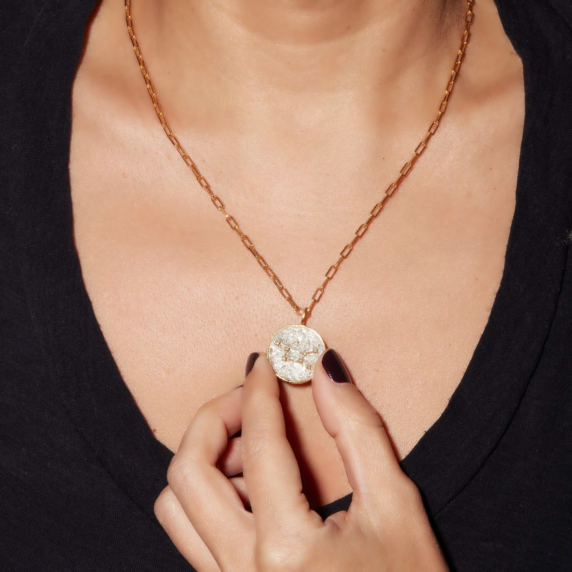Virgo Gold Vermeil Pendant necklace with uncut raw diamonds on 18k gold vermeil chain worn on model's neck