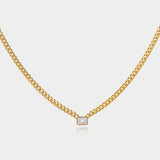 Emerald cut diamond bezel-set on yellow gold Cuban chain necklace