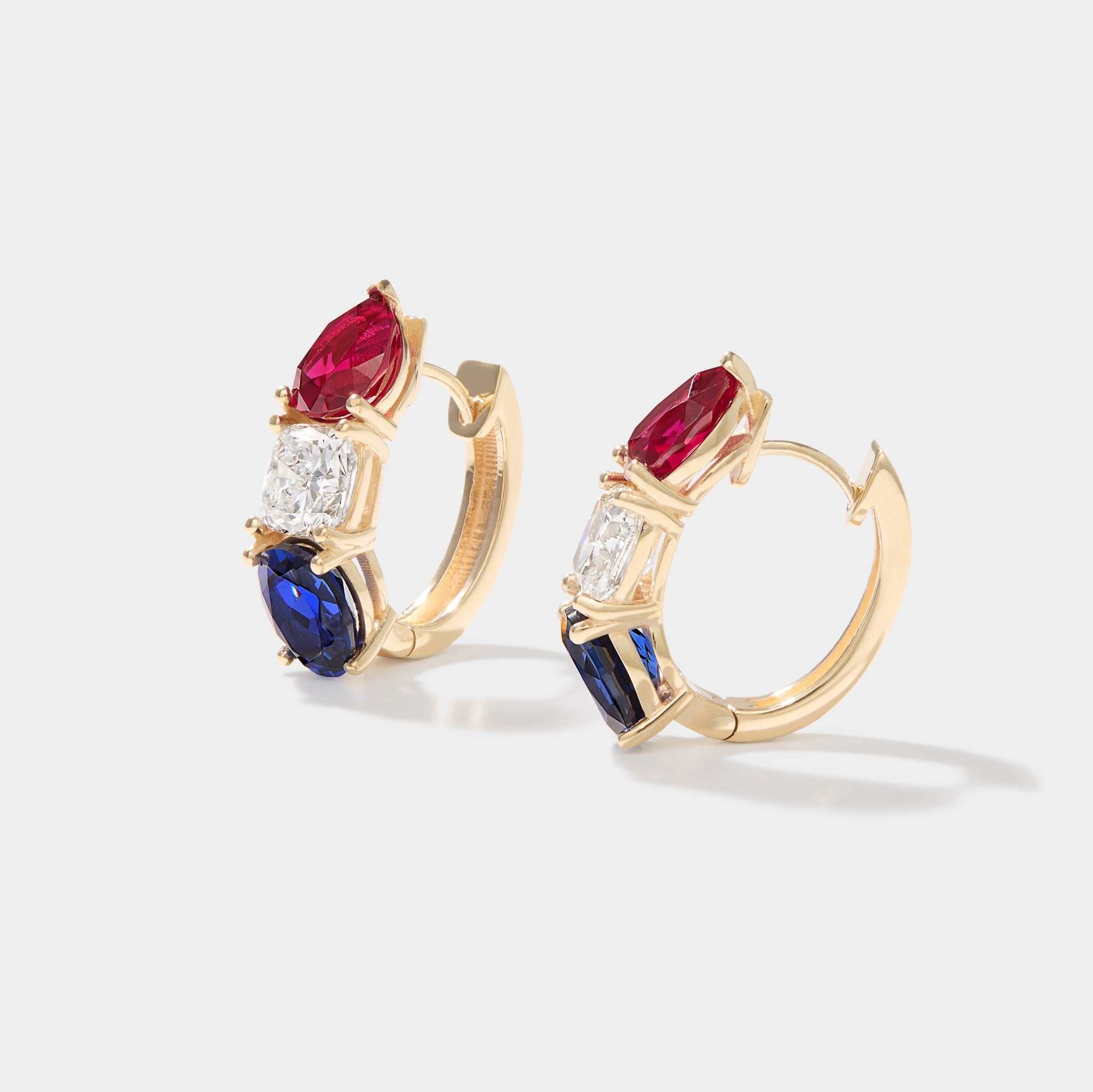 Americana Signature Hoop Earrings in 14k gold with lab-grown ruby, diamond, and sapphire stones.